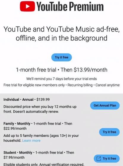 Цена в YouTube Премиум