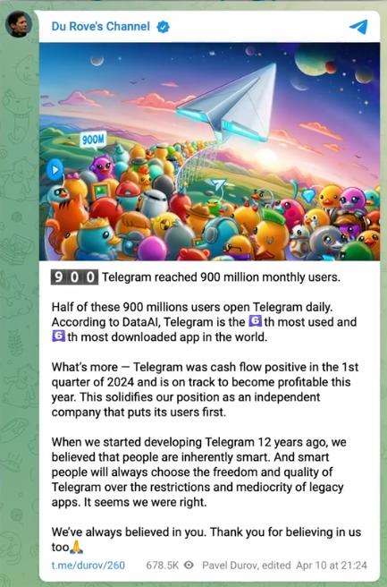 В Телеграм 900 млн пользователей